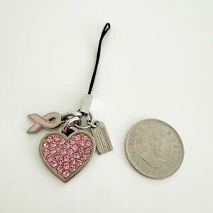 COACH Pink Ribbon Breast Cancer HEART Cell Phone Bag Charm Pave Crystal